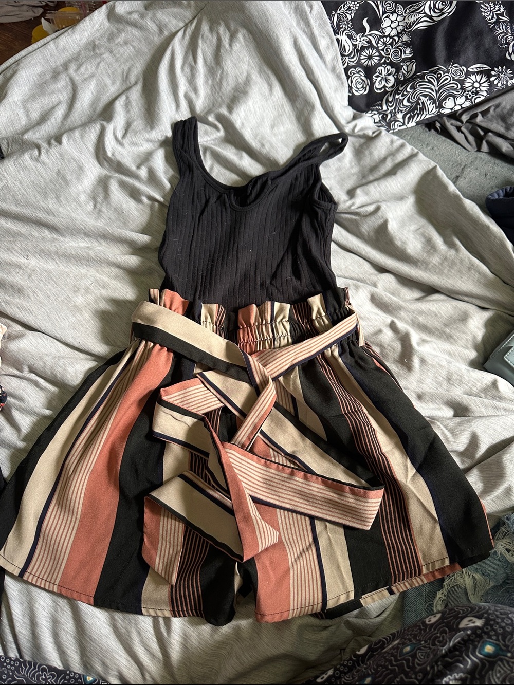 Striped High-Waist Paperbag Shorts with Belt — Black & Rust
